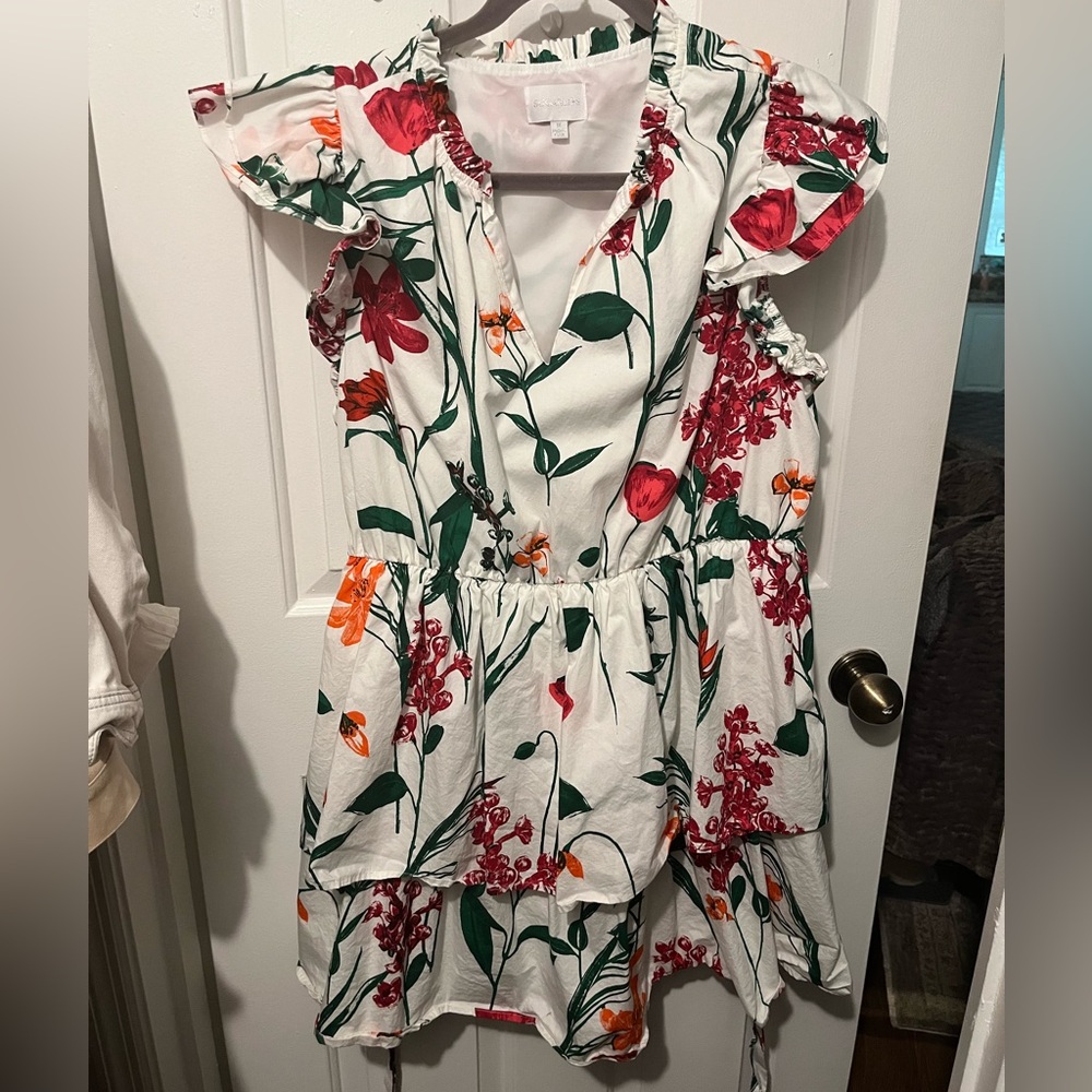 Floral Dress - White with Red and Green Accents